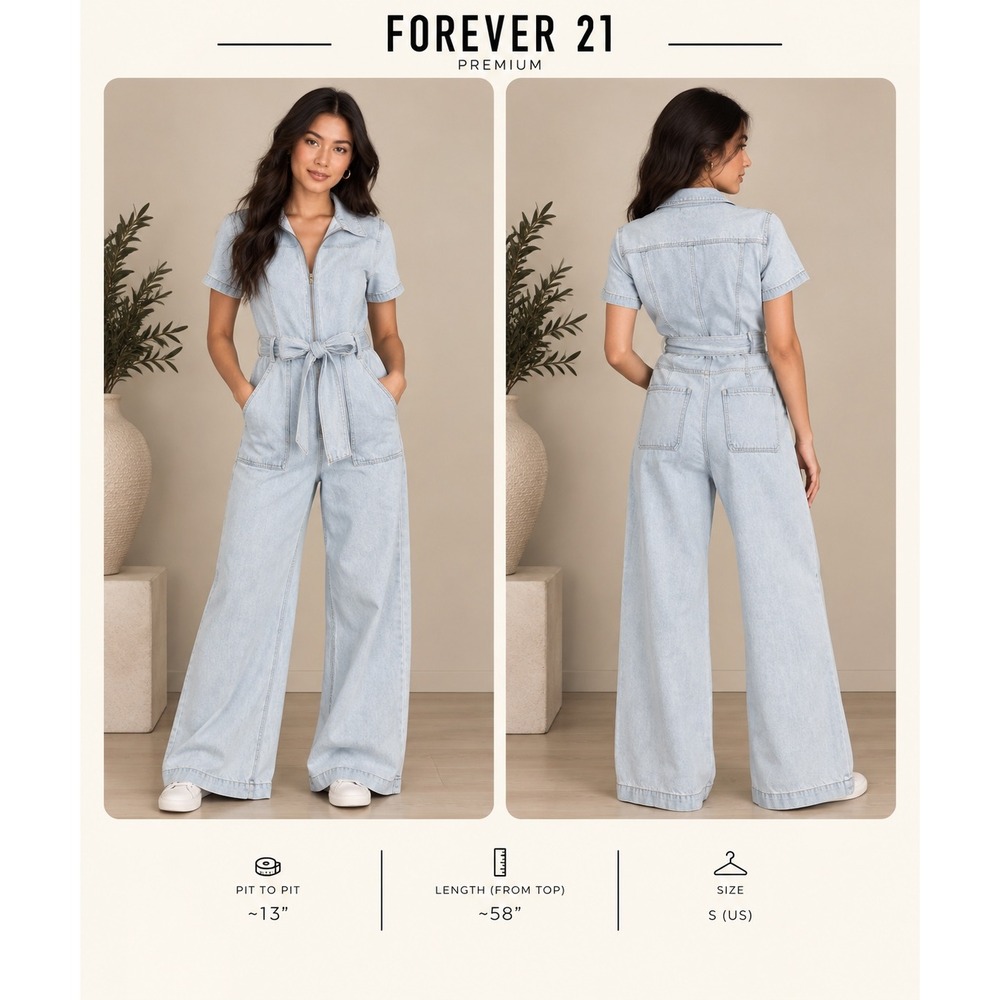 Forever 21 Premium Light Wash Denim Wide Leg Zip Front Jumpsuit Small NWT